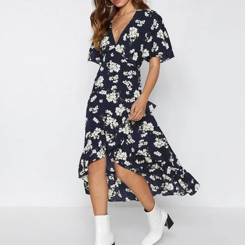 Women Boho Floral Print Chiffon Dress Sexy Summer