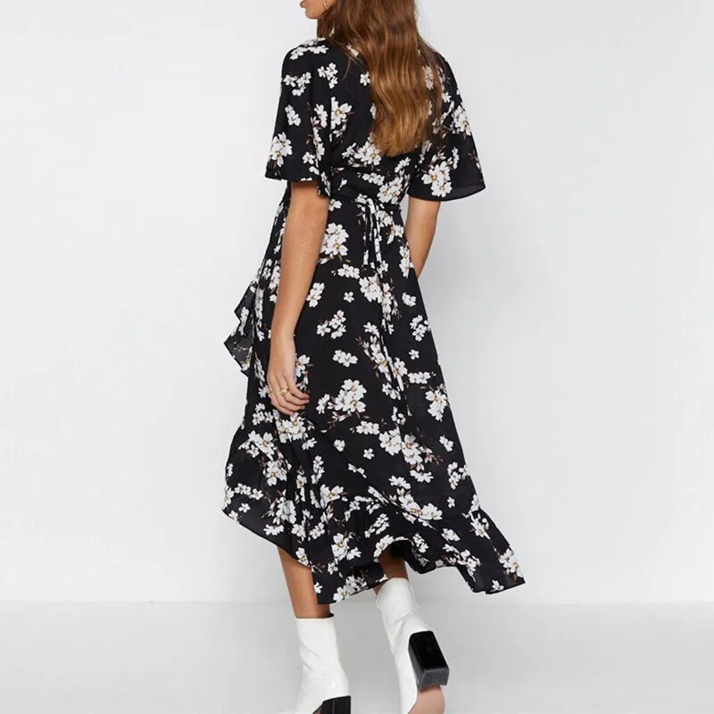 Women Boho Floral Print Chiffon Dress Sexy Summer