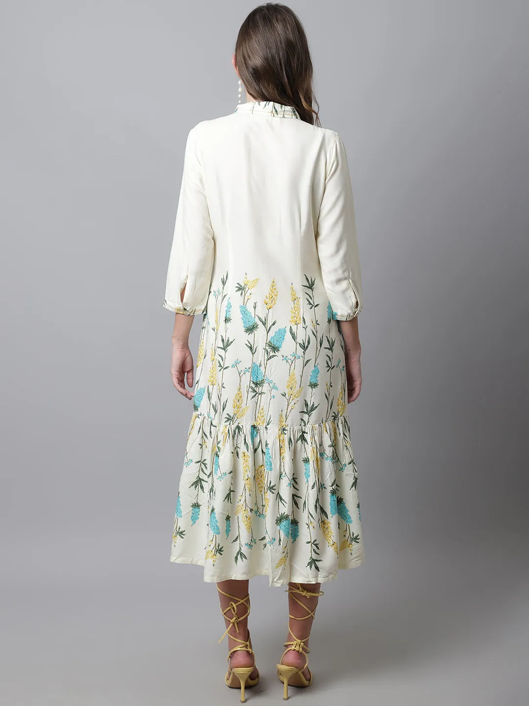 Women's Casual Shirt Collar Offwhite Floral Print Fit & Flared Dress