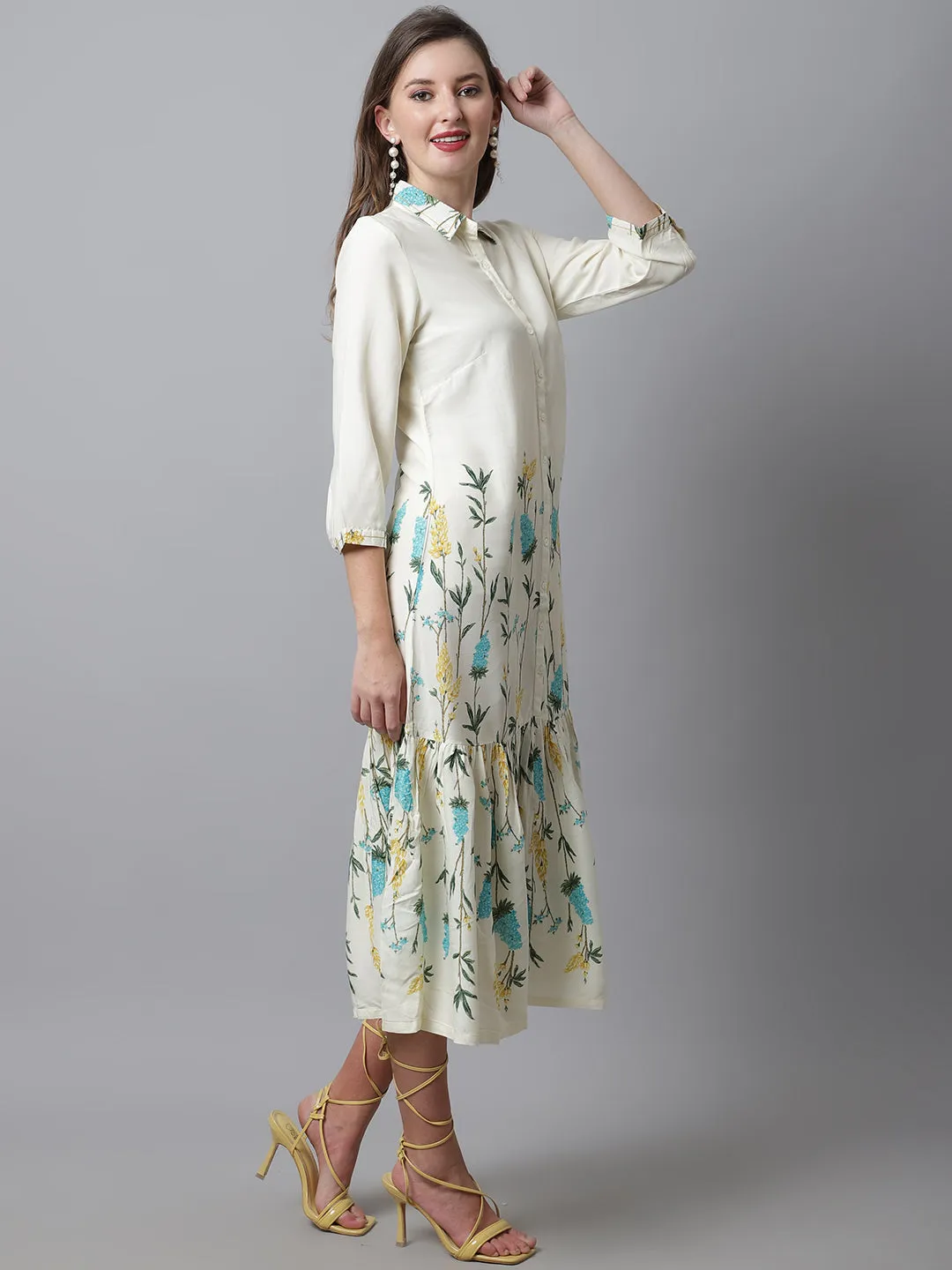 Women's Casual Shirt Collar Offwhite Floral Print Fit & Flared Dress