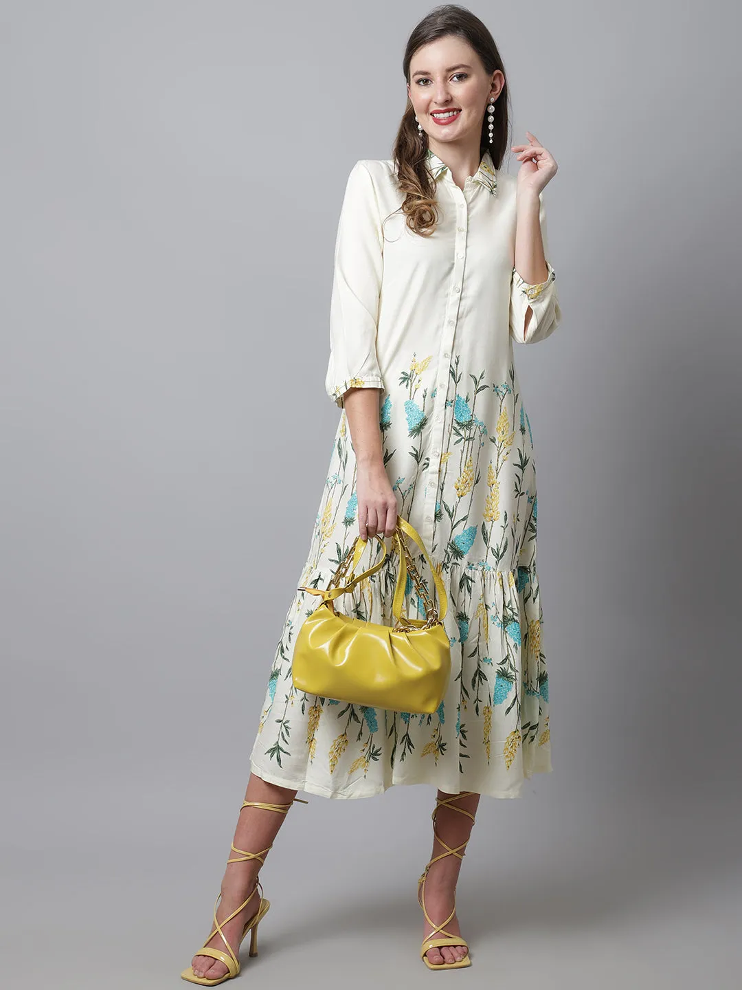 Women's Casual Shirt Collar Offwhite Floral Print Fit & Flared Dress