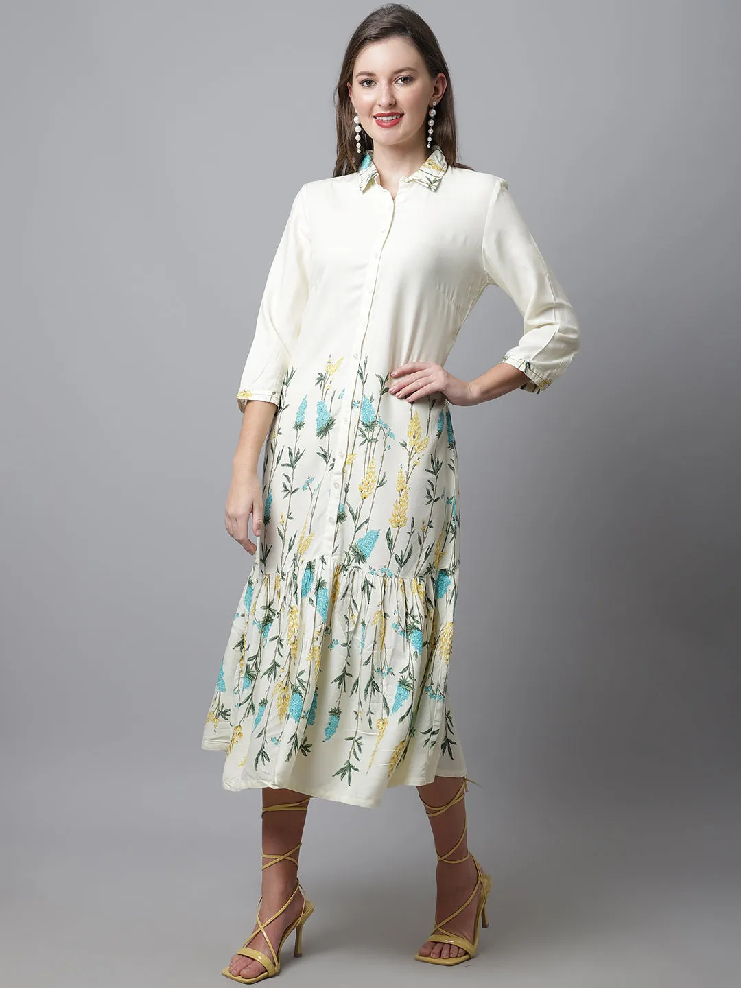 Women's Casual Shirt Collar Offwhite Floral Print Fit & Flared Dress