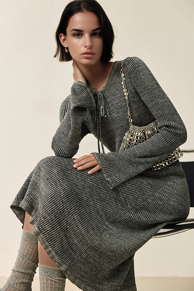 Wool Blend Long Sleeve Fit & Flare Midi Sweater Dress with Bow Detail