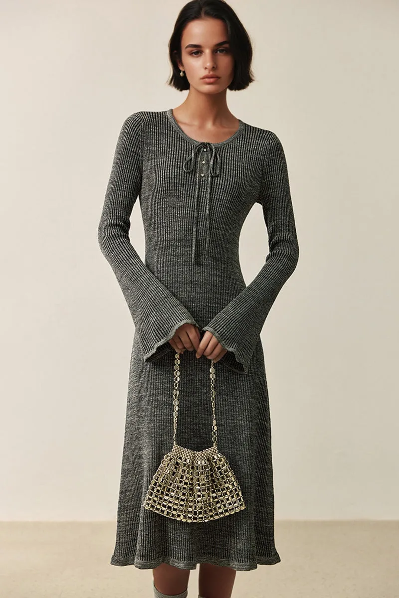 Wool Blend Long Sleeve Fit & Flare Midi Sweater Dress with Bow Detail