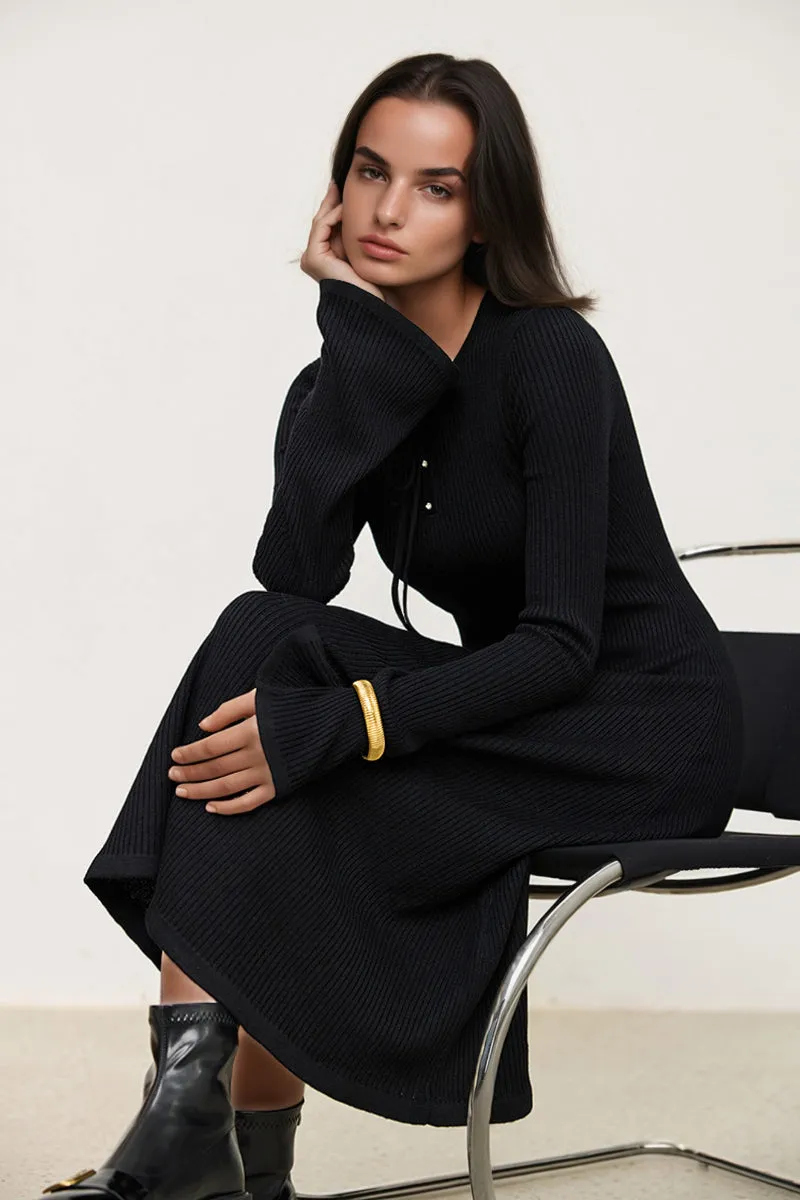 Wool Blend Long Sleeve Fit & Flare Midi Sweater Dress with Bow Detail