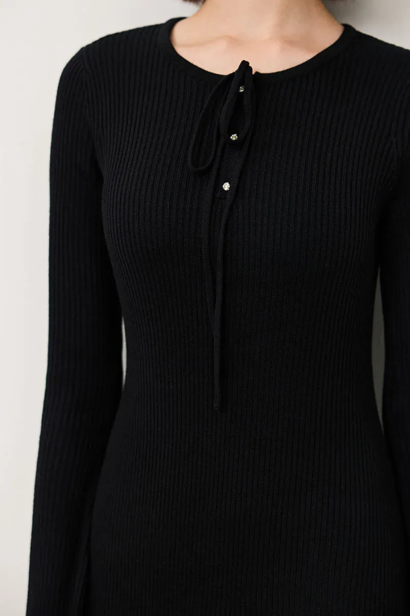 Wool Blend Long Sleeve Fit & Flare Midi Sweater Dress with Bow Detail