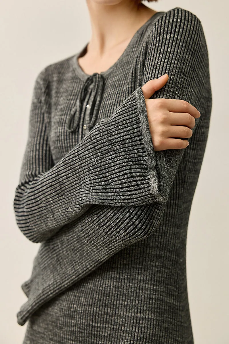 Wool Blend Long Sleeve Fit & Flare Midi Sweater Dress with Bow Detail