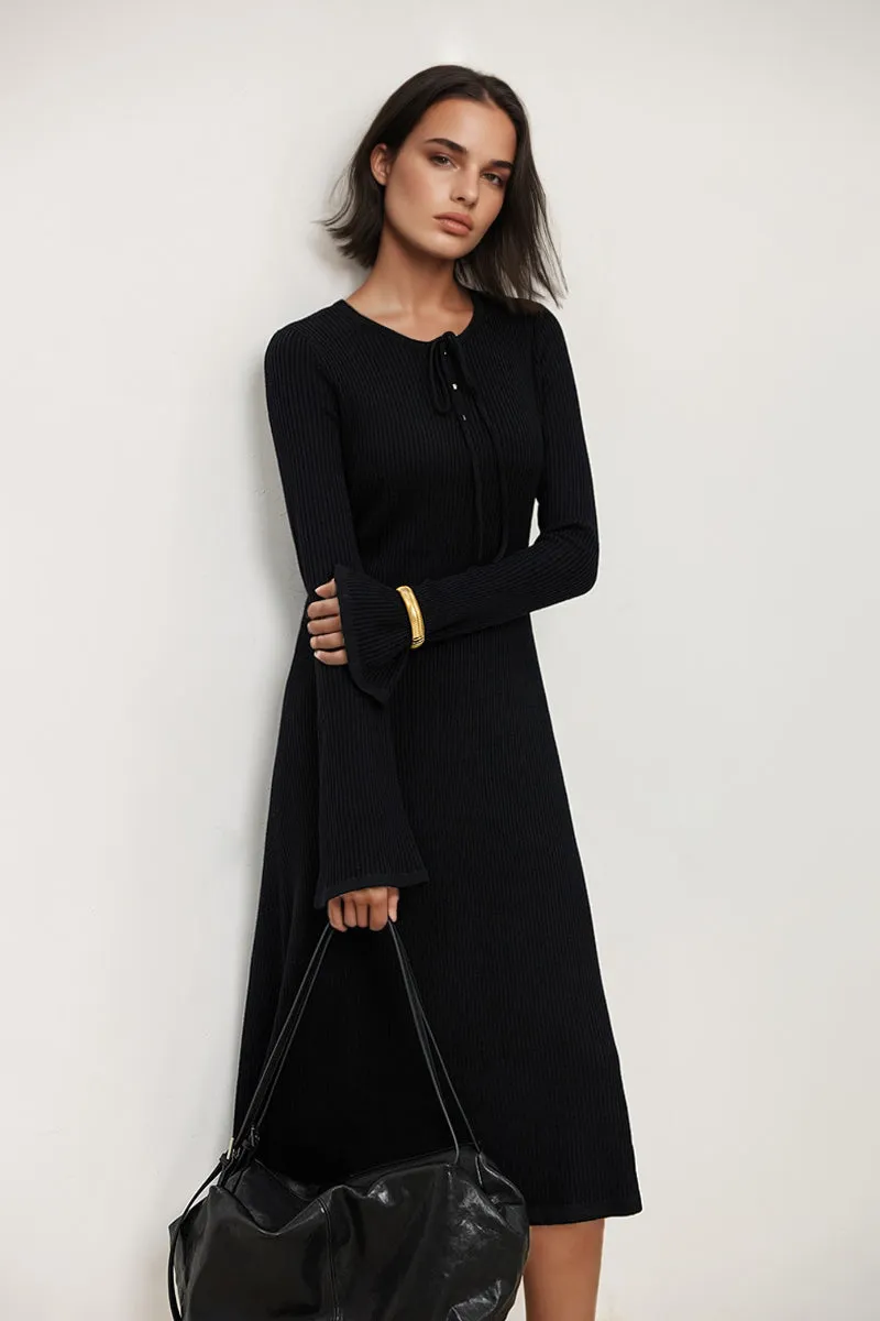 Wool Blend Long Sleeve Fit & Flare Midi Sweater Dress with Bow Detail
