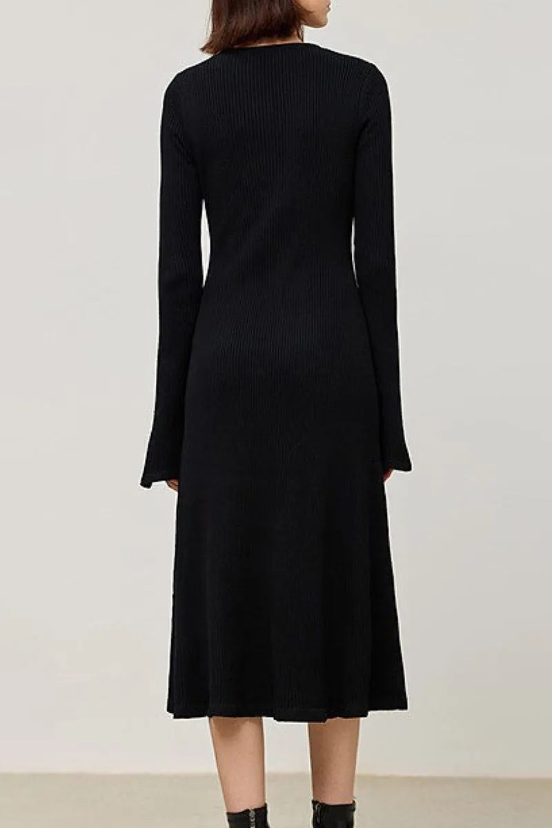 Wool Blend Long Sleeve Fit & Flare Midi Sweater Dress with Bow Detail