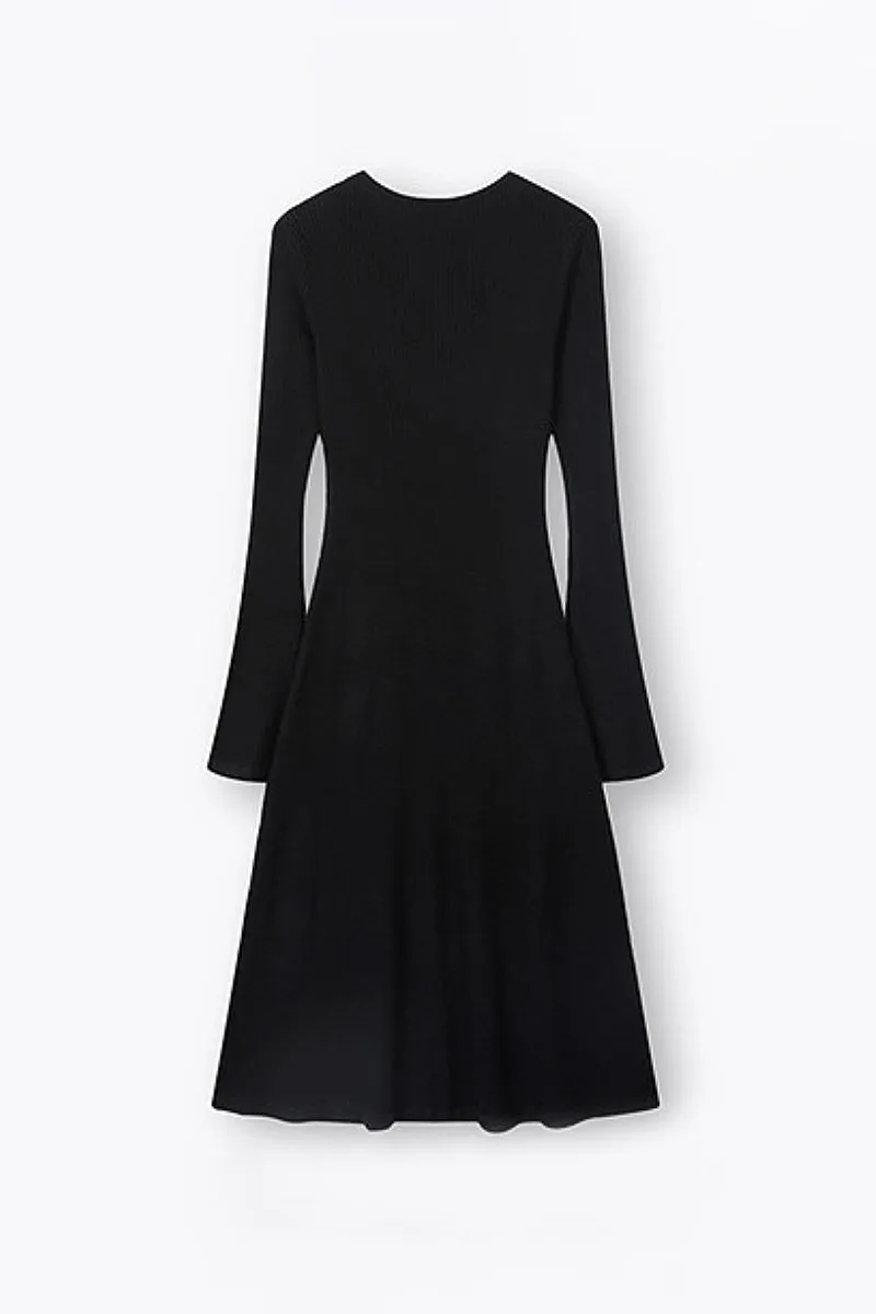 Wool Blend Long Sleeve Fit & Flare Midi Sweater Dress with Bow Detail