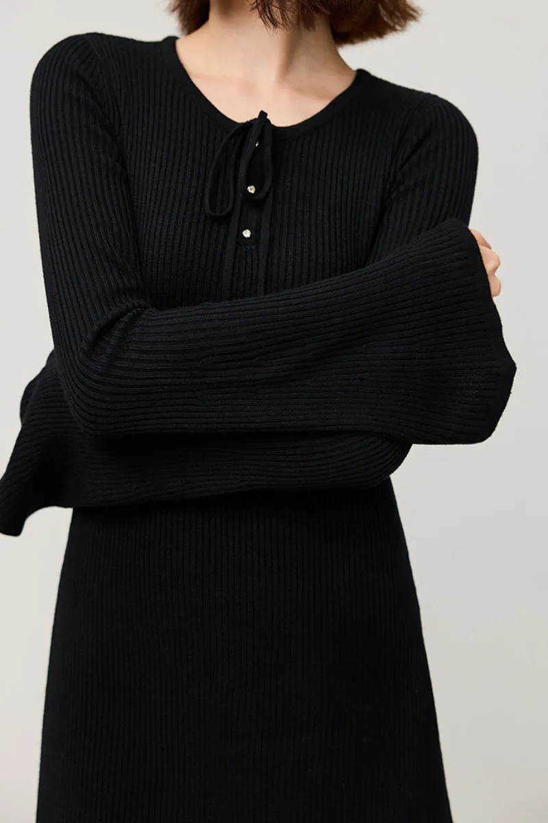 Wool Blend Long Sleeve Fit & Flare Midi Sweater Dress with Bow Detail