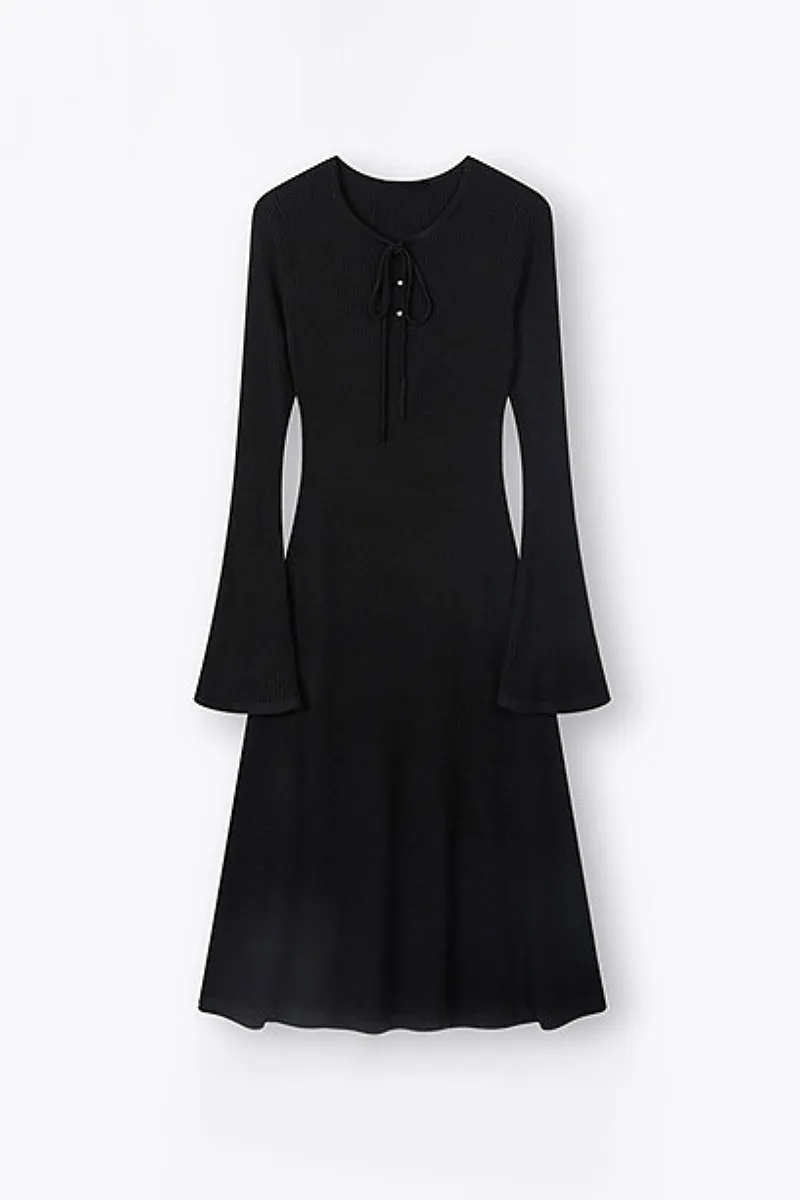 Wool Blend Long Sleeve Fit & Flare Midi Sweater Dress with Bow Detail