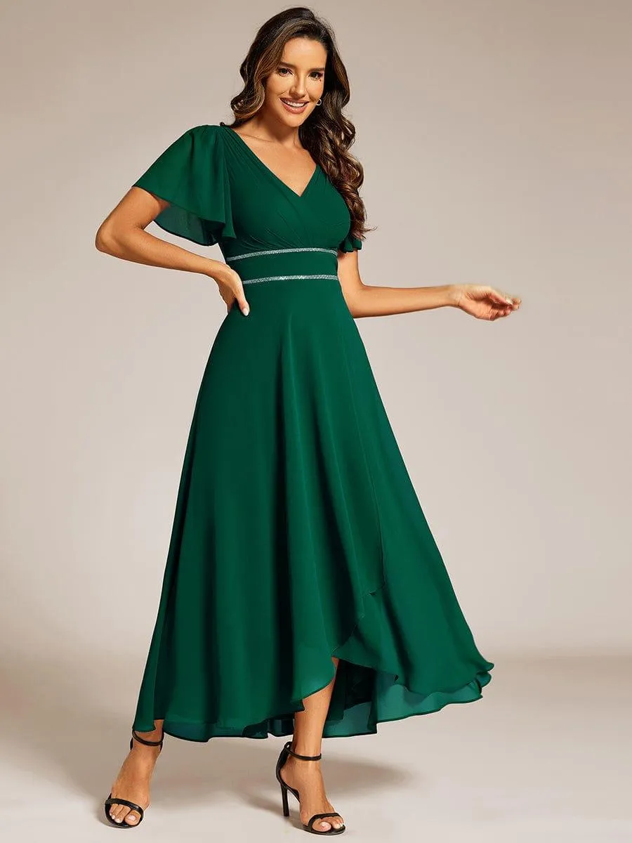 Yolanda | Double V-Neck Waist Trimmed Chiffon Mother of the Bride Dress