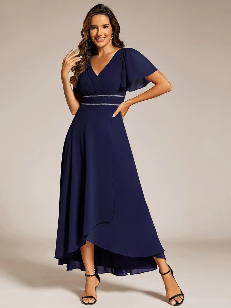 Yolanda | Double V-Neck Waist Trimmed Chiffon Mother of the Bride Dress