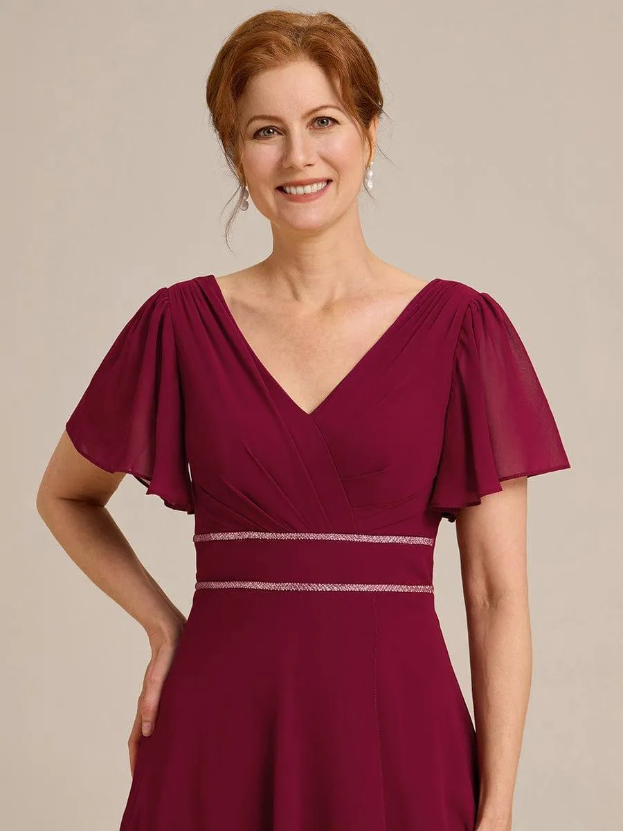Yolanda | Double V-Neck Waist Trimmed Chiffon Mother of the Bride Dress